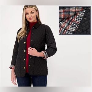 NWOT Black Joan Rivers Quilted Barn Jacket with Plaid Lining Medium